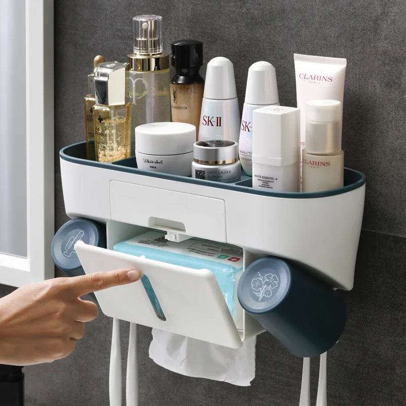 Portable Multifunctional Plastic Wall-Mounted Magnetic Toothbrush Holder with Toothpaste for Bathrooms