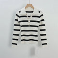 Autumn Two Colors Striped Ribbed Full Sleeves V-neck Women's Knitted Custom Polo Collar Sweater Pullover Manufacturer