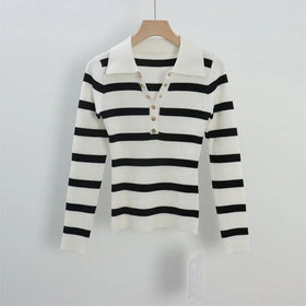 Autumn Two Colors Striped Ribbed Full Sleeves V-neck Women's Knitted Custom Polo Collar Sweater Pullover Manufacturer