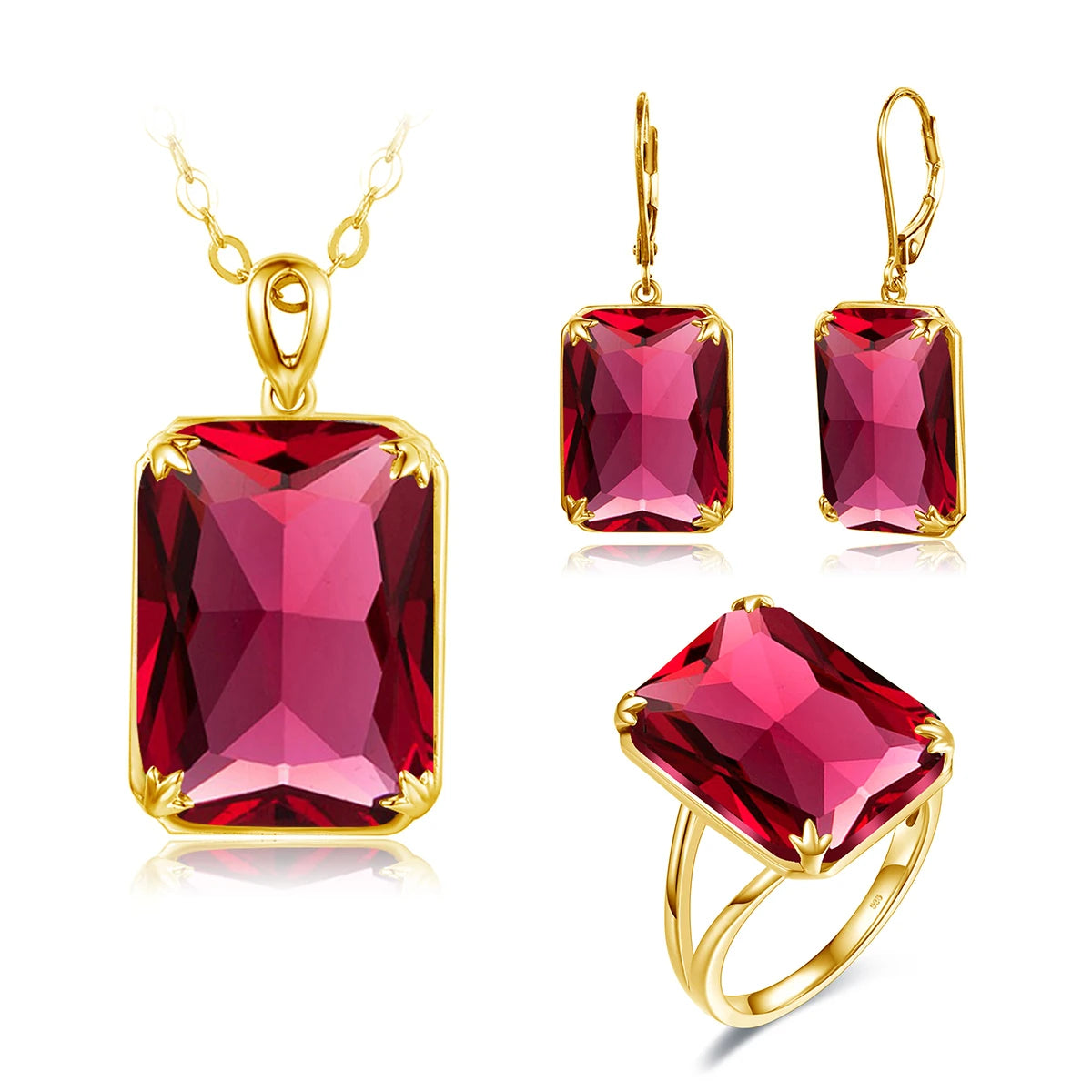 Szjinao Sparkling Red Ruby Engagement Pendant Earrings Ring Set Sterling Silver 14K Gold Plated Trendy Vintage Designer Jewelry
