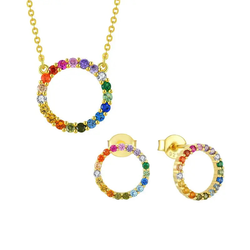 Fine Jewelry Women Circle Round Shape Colorful Stone Multicolor  925 Silver Stud Earrings Pendant Necklace Jewelry Set