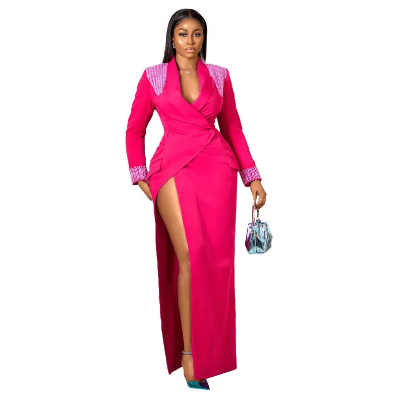 Quality Made Shoulder Pad Red Roses Blazer Dress Women Plus Size Clothing Classy Elegant Slit Party Dress