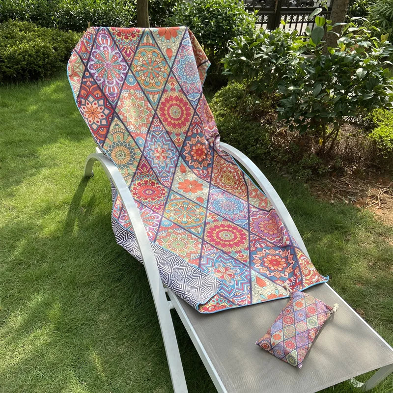 Hot Selling Boho Quick Dry Suede Microfiber Two Side Printed Recycled Plastic Sand Free Beach Towel with Matching Bag