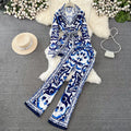 Spring Autumn Fashion Suit Collar Waist Lacing Celadon Printed Jacket Two-Piece High Waist Wide Leg Pant Set
