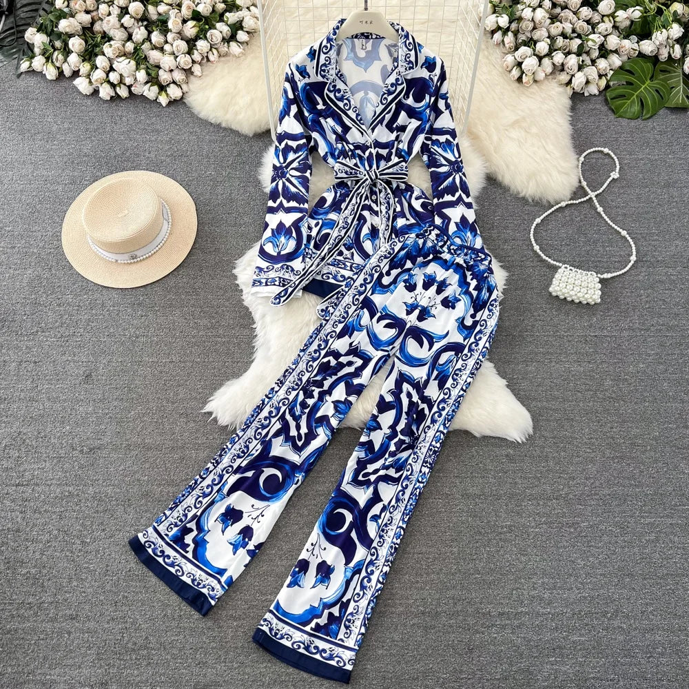 Spring Autumn Fashion Suit Collar Waist Lacing Celadon Printed Jacket Two-Piece High Waist Wide Leg Pant Set