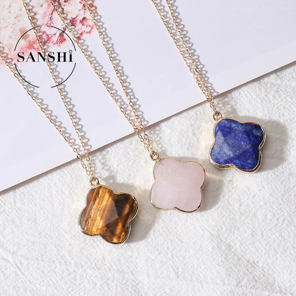 Wholesale Gold Plated Clover Charm Necklace Custom Nature Stone Color Fancy Amethyst Pendant Classic Style