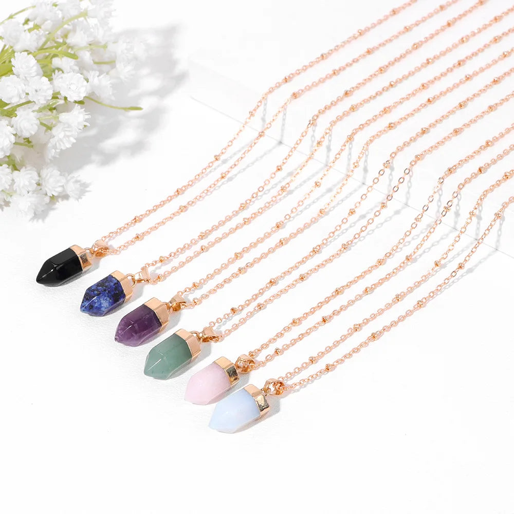 Colorful Natural Healing Crystal Natural Stone Amethyst Rose Quartz Pencil Hexagonal Column Necklace