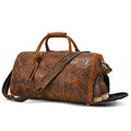 Men Leather Duffle Bag Weekender Overnight Brown Embossed Flower Crazy Horse Leather Travel Bag With Shoes Compartment