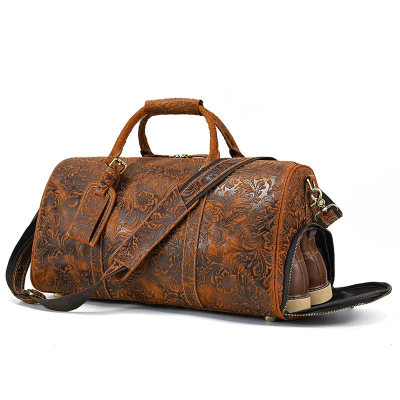 Men Leather Duffle Bag Weekender Overnight Brown Embossed Flower Crazy Horse Leather Travel Bag With Shoes Compartment