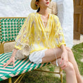 RNSHANGER Summer Vacation Embroidered Women Blouses French Style Beach Shirt Women Lace Hollow Out Pullover Short Sleeve Blouses