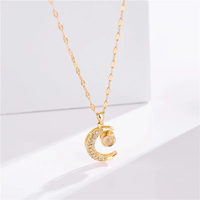 Fashion I Love You Necklace 100 Languages Necklace Titanium Steel Clavicle Chain Gold Moon Pendant Necklace