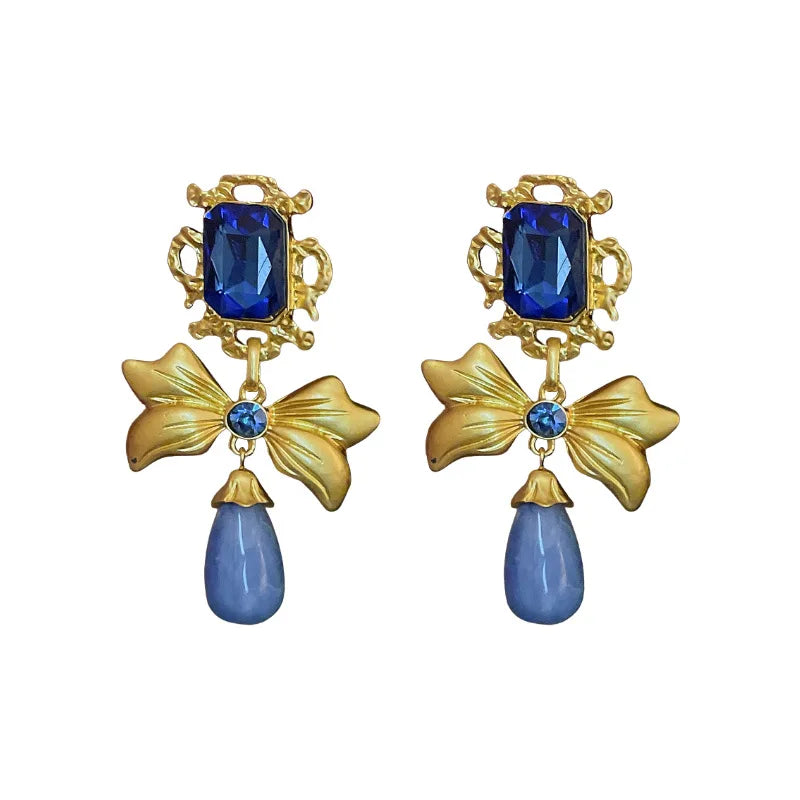 Wholesale Gorgeous Vintage Blue Glass Earrings Butterfly Bow Design Handcrafted Rhinestone Noble Niche Fashion Drop Earrings