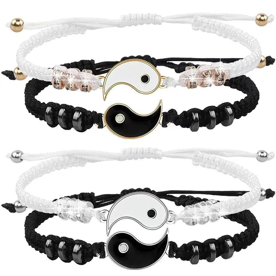 Risingmoon Customize 2pcs/set Friendship Adjustable Bracelets Yin Yang Couple Handmade Braided Rope Tai Chi Charm Bracelets