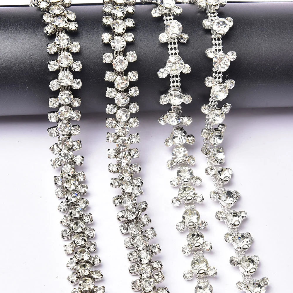 3 Rows Round Glass Rhinestone Cup Chain Metal Crystal Flower Embellishment Sew on Applique Strass Trim for Garment Wedding Dress