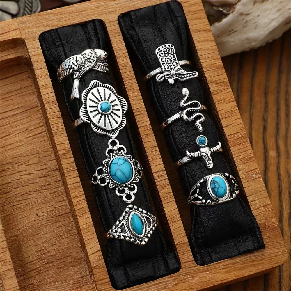 Retro Western Cowboy Style Jewelry Set Rings Turquoise Cactus Multi-element Fashion Jewelry Rings Wholesale