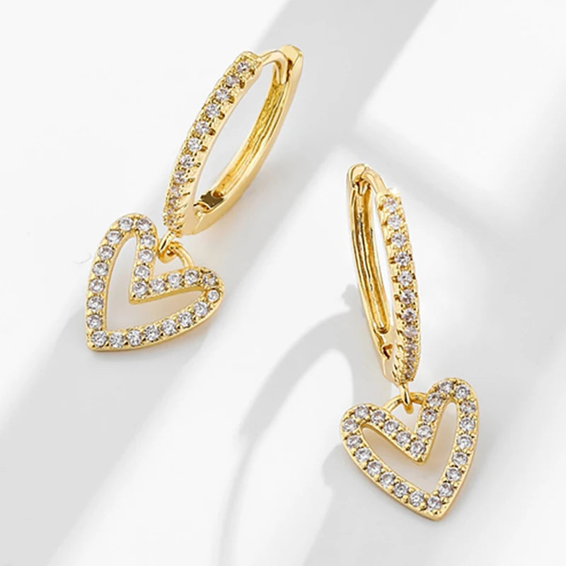 CAOSHI Gold Plated Round Brilliant Cut Shiny Diamond Heart Shape Hoop Earrings Love Heart Drop Womens Earrings