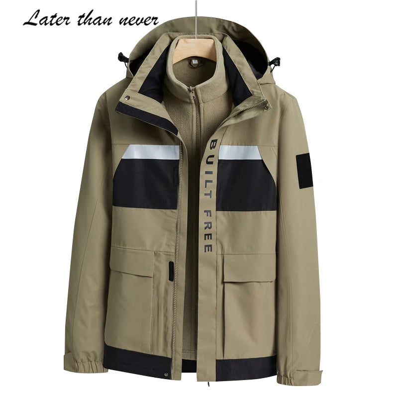 Men's Winter Cargo Jacket New Urban Fashion Color Blocked Windproof Seam Heated Fleece Inner Ski Jacket  Zipper Outdoor Skiing
