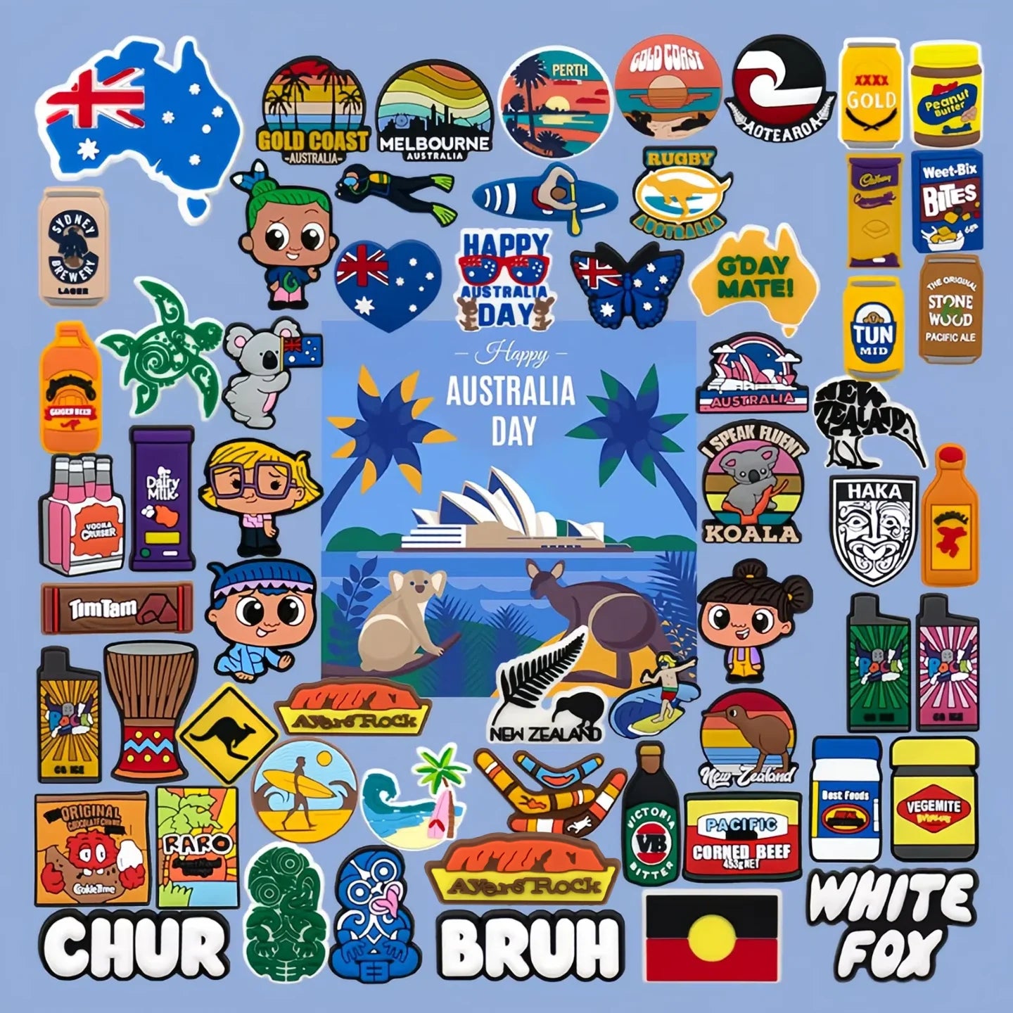 Wholesale 2D Pvc Diy Clog Australia Day New Zealand Shoe Decorations Maori Beer Gold Coast Food Shoe Charms