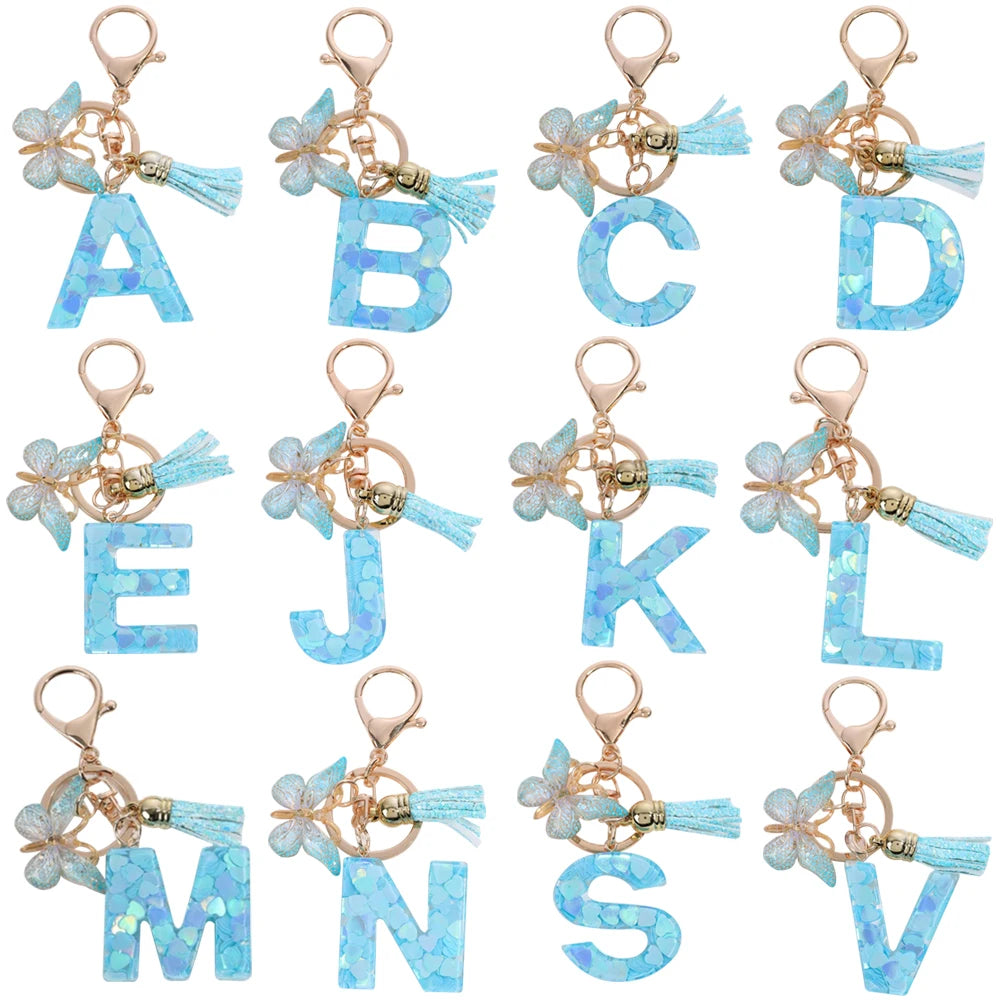 Wholesale New High Quality Blue Fringe Butterfly Initial Keychain Drop Glue Heart Sequin Letter Pendant Handbags Pendants Gifts