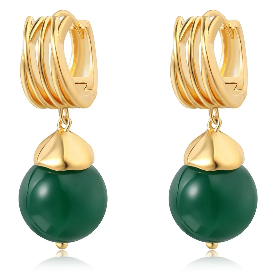 2024 New Vintage Natural Green Chalcedony Stone Pendant Hoop Earrings for Women Jewelry Gifts Customized
