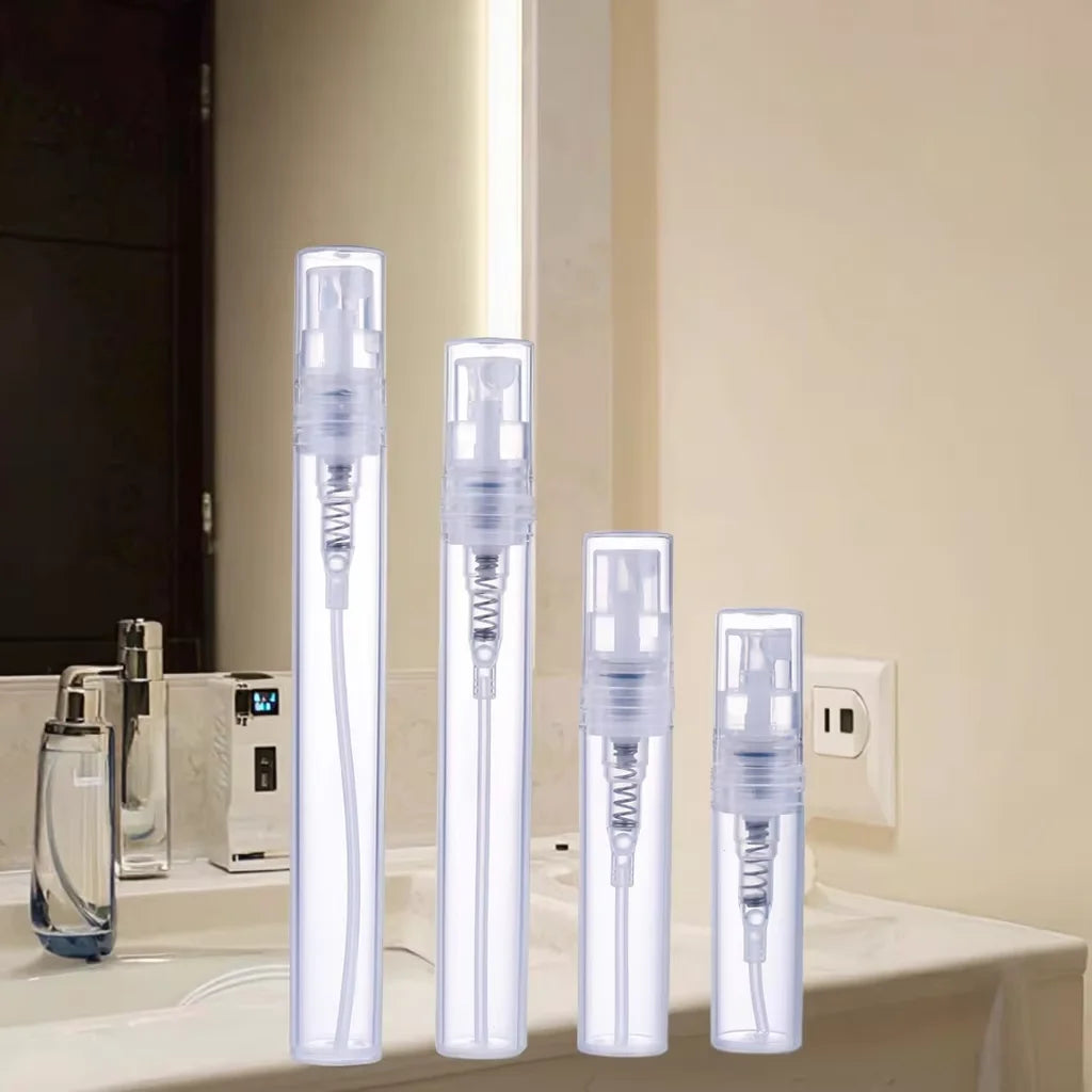 Mini Tubular 1ml 2ml 3ml 5ml Refillable Perfume Glass Bottles with Plastic Pump Sprayer Convenient Travel Size Plastic Bottles
