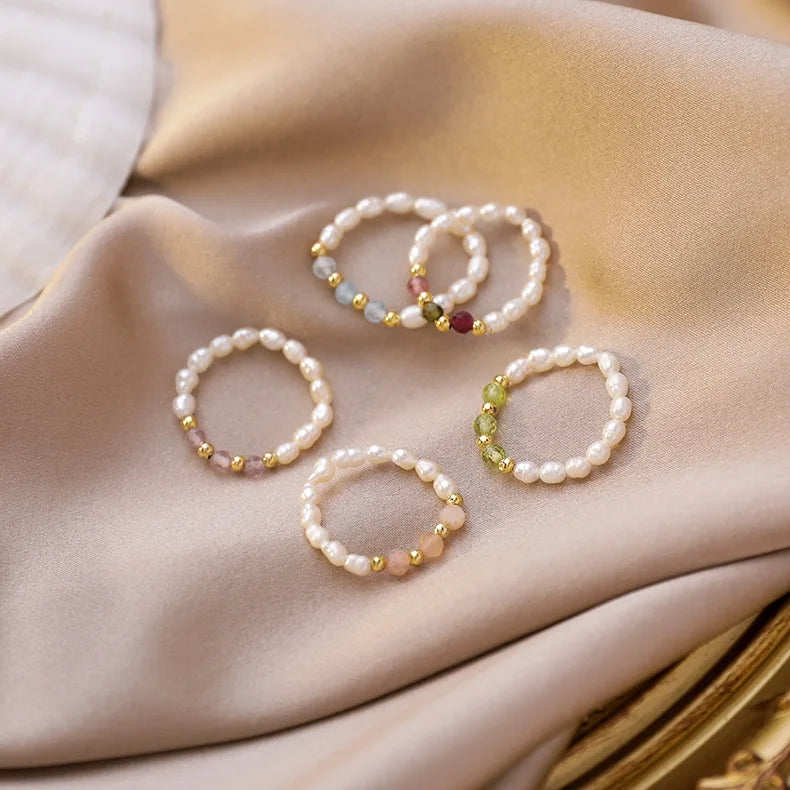Elegant Freshwater Pearl Index Finger Ring for Women Classic Style Crystal Beads with Elastic Band for Weddings and Parties
