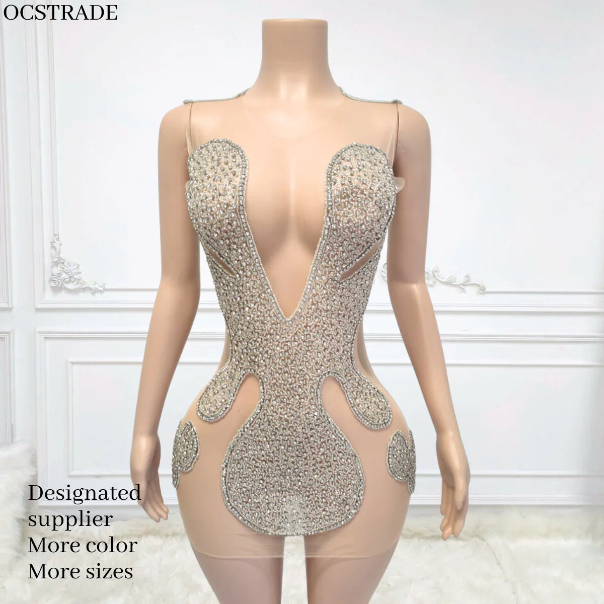 Ocstrade Fashion Design Birthday Party Dress Elegant Sheer Mesh See Through Rhinestone Dress Woman Bling Sexy Party Club Dress