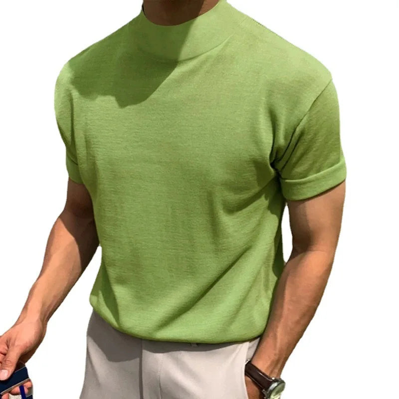 RNSHANGER Korean High-neck Men's T Shirts Casual Streetwear Tight Solid Color Short-sleeved Comfort Male T-shirts