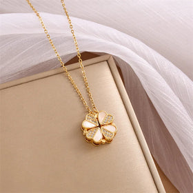 Hot Sale Stainless Steelwomen Light Luxury Openable Design Zircon Shell Necklace Love Clover Necklace
