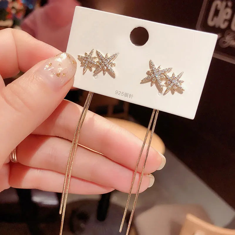 AA01385 S925 Silver Needle Star Long Tassel Earrings New Fashion Versatile Thin Earrings for Women