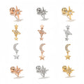 Classic Metal Moon Ear Bone Stud Brass Rod Piercing Jewelry Screw Ball Women Small Zircon Star Element Earring Stud for Women