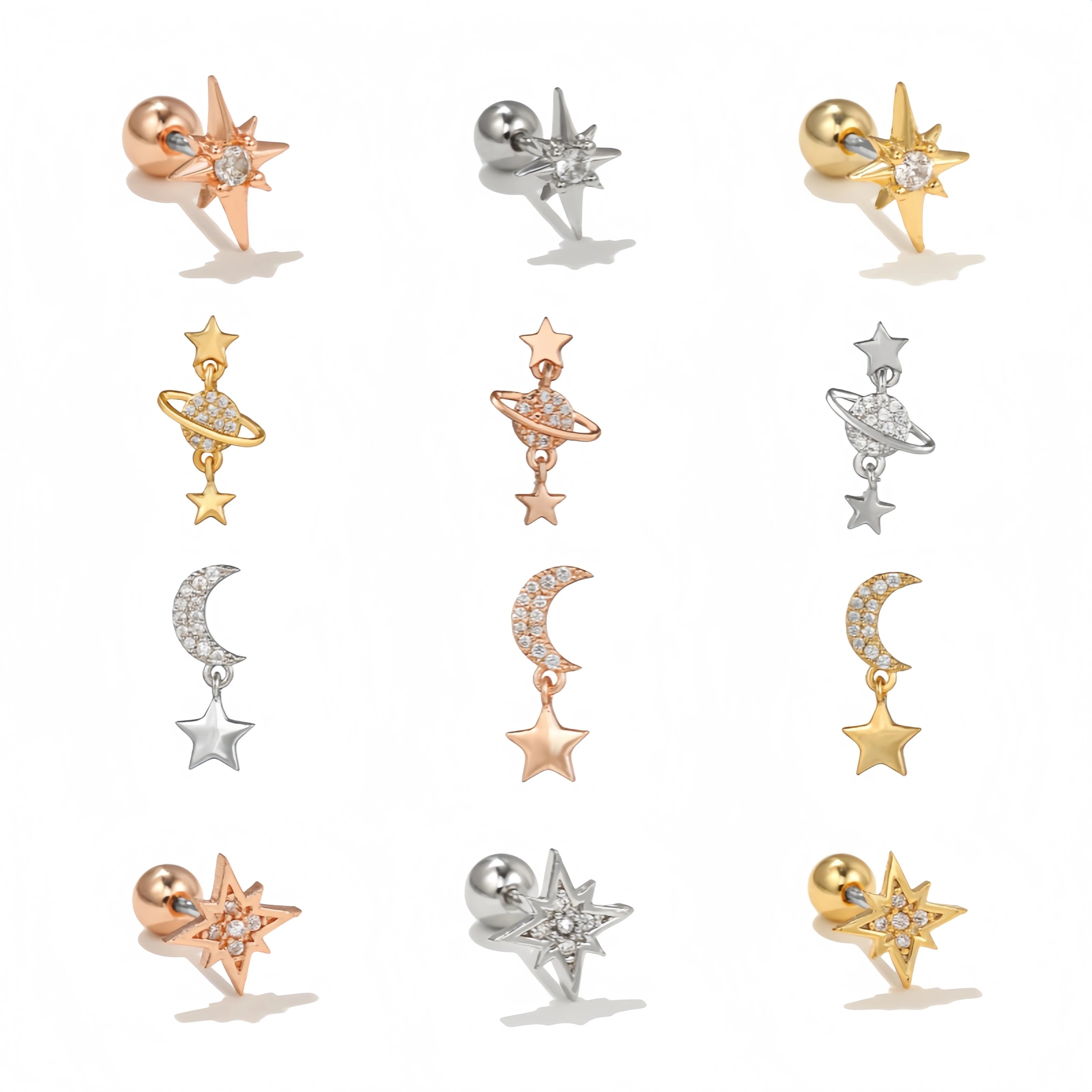 Classic Metal Moon Ear Bone Stud Brass Rod Piercing Jewelry Screw Ball Women Small Zircon Star Element Earring Stud for Women