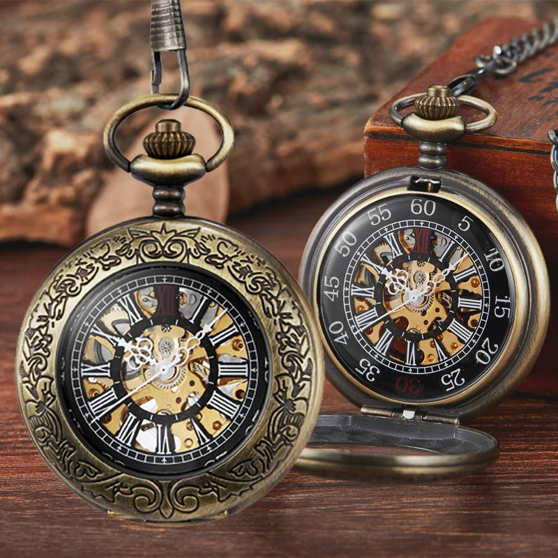 Steampunk Automatic Mechanical Skeleton Pocket Watches Men Women Retro Luxury Brand Hand Wind Necklace Pocket &amp; Fob Chain