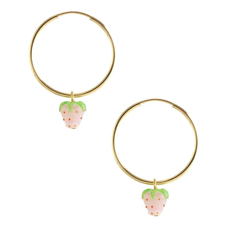 Milskye Lovely pink Enamel Silver Fruit Jewelry Sterling Silver Gold-plated Strawberry Drop Earrings
