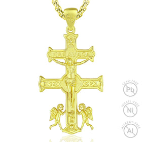 Vintage Fashion Religious Jewelry 18K Gold Plated Jewellery Double Cross Caravaca Pendant Necklace for Men
