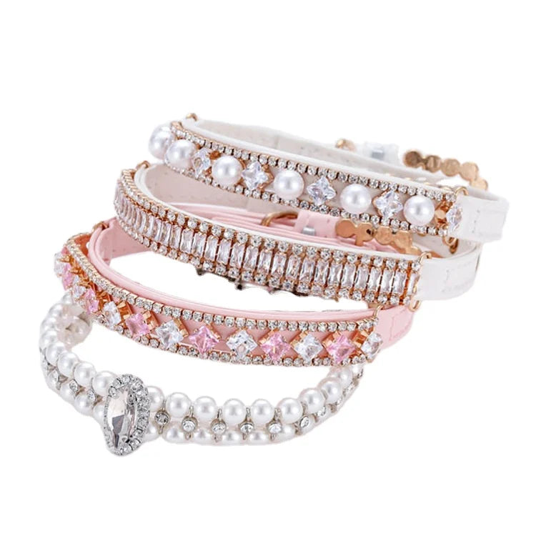 Hot Sale Fashion Full Cubic Cat Crystal Necklace Pearl Pet Dog Collars Choker Charm Jewelry