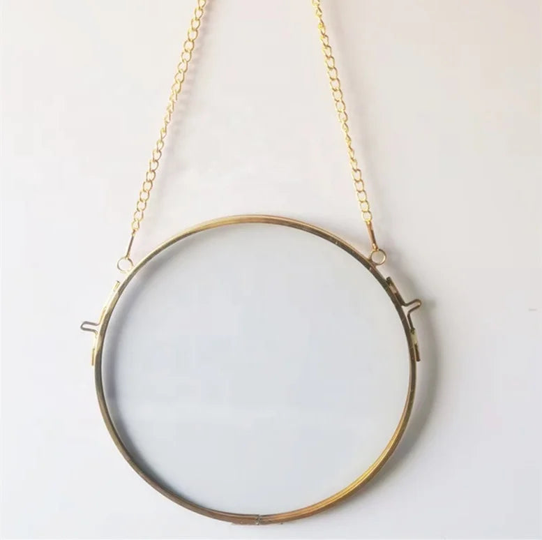 Round Shape Copper Glass Frame Double Sided Clear Glass Gold Color Hanging Floating Picture Frame with Chain for Home Decoration