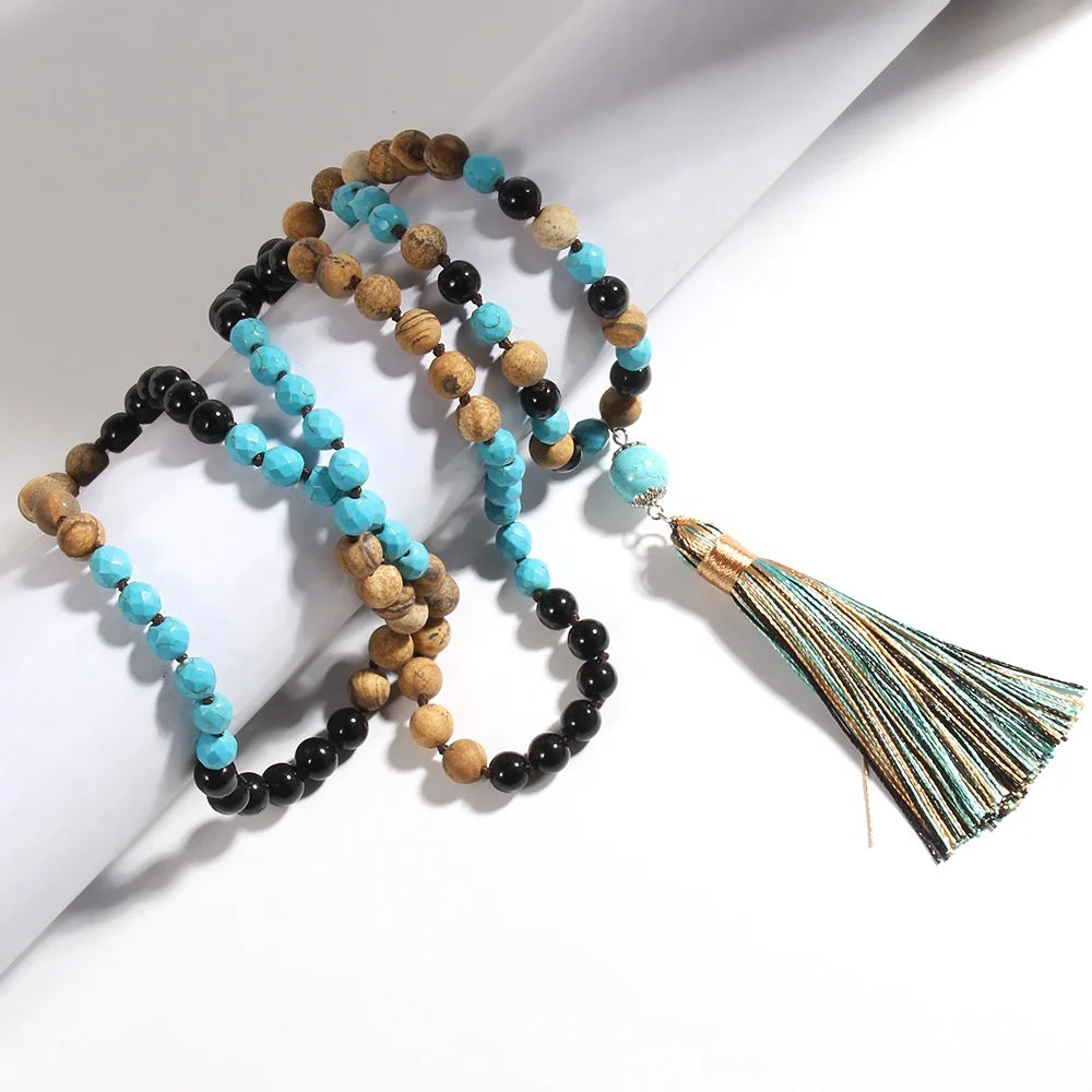 8mm Natural Turquoise Stone Knot Multicolor Tassel Necklace 108 Mala Middle Eastern Prayer Beads Tassel Necklace