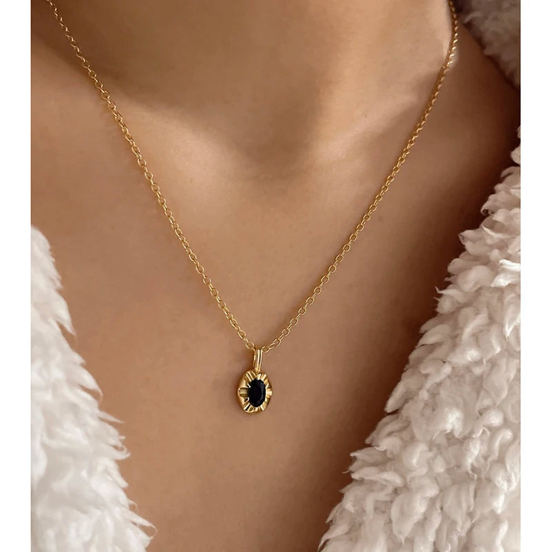925 Sterling Silver Oval Black Cubic Zircon Necklace 18K Gold Plated Pendant Necklaces for Women INS Vintage Sterling Jewelry