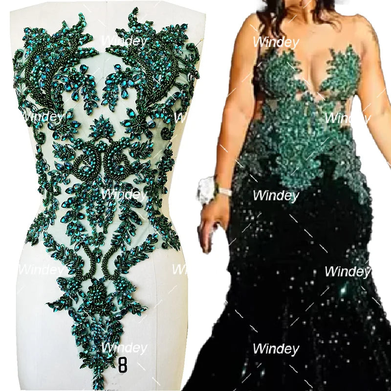 Colorful Sewing Beaded Crystal Embellished Patch Green Bodice  Rhinestone Appliques Mesh Fabric for Wedding Dress