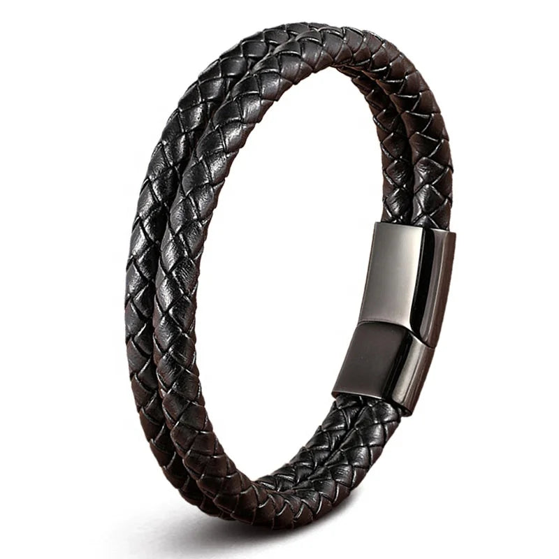 Men's Fashion Design Double Layer Stainless Steel and Genuine Leather Charm Bracelets