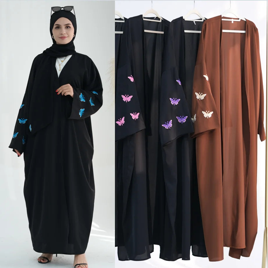 Loriya EID Butterfly Embroidery Abaya Femmes Robe Musulmane Kimono Modest Abaya Islamic Clothing Women Dress Nida Abaya