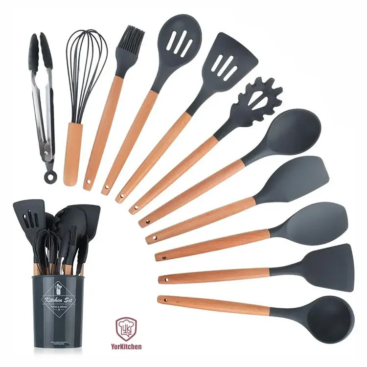 11 Pieces Silicone Non-stick Wooden Handle Utensils Set Cooking Silicone Utensil Set