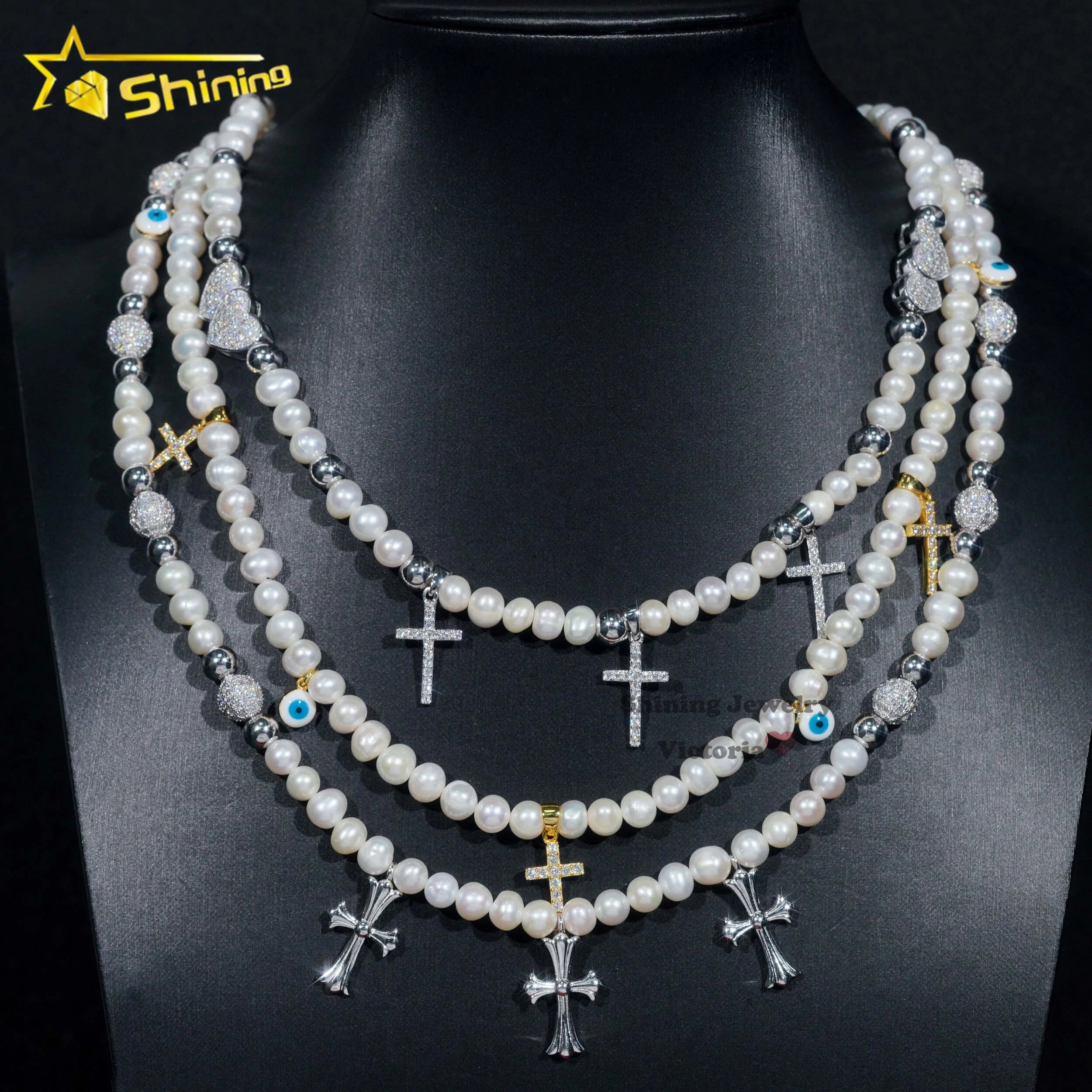 Panyu Shining Jewelry New Arrival Cross Style Pearl Necklace Custom Iced Out Hip Hop Moissanite Jewelry Pendant Necklace Foe Men