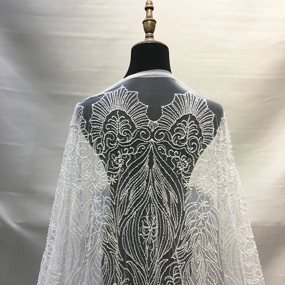 Custom Design White French Lace Fabric Tulle Heavy Work Beaded Fabric Lace With Pearls for Bridal