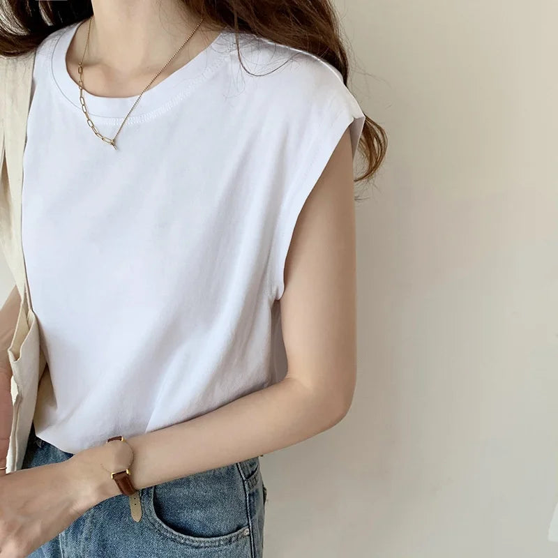 2025 Summer New Fashion White Sleeveless T-Shirt Loose Fit Women's Breathable Black Vest Top Outerwear Ins Style Front Casual