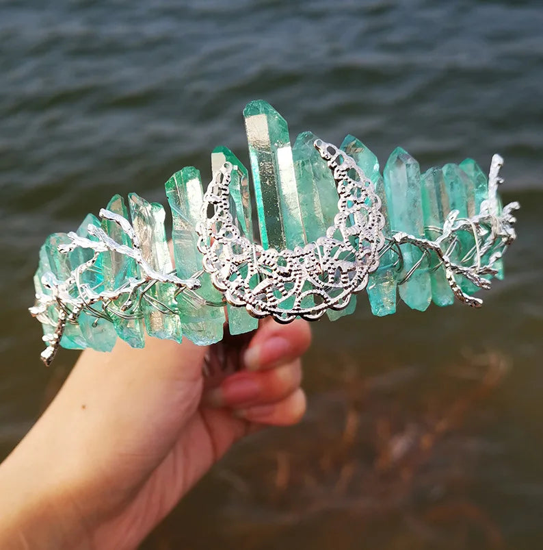 DIY Private Label Natural Crystal Light Green Crown Headband Bridal Headdress Party Moon Branch Headband Hair Comb Crystal Crafts