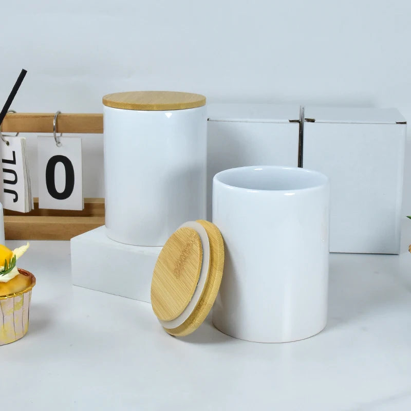 Customized 15oz White DIY Ceramic Candle Jar with Bamboo Lid for Weddings Christmas Gifts Sublimation Blank