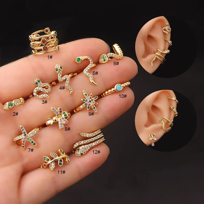 POENNIS Gold Plated Trendy Geometric Cuff Earring No Piercing Cartilage Ear Cuff Stainless Steel Zircon Adjustable Snake Ear
