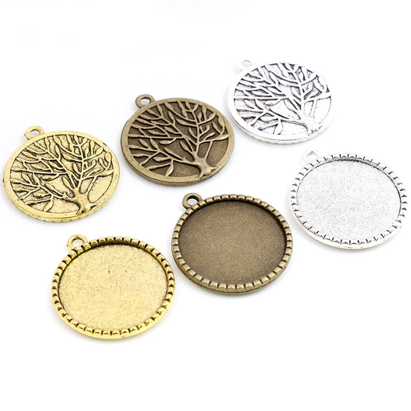 25mm Inner Size Antique Gold/Silver Plated Bronze Tree Cabochon Base Setting Charms Pendant Blank Bezel Trays